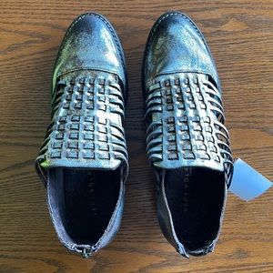 New In Box Very Volatile Carmine Woven Leather Booties in Pewter